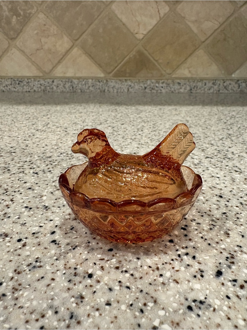 Amber Pressed Glass Hen On Nest